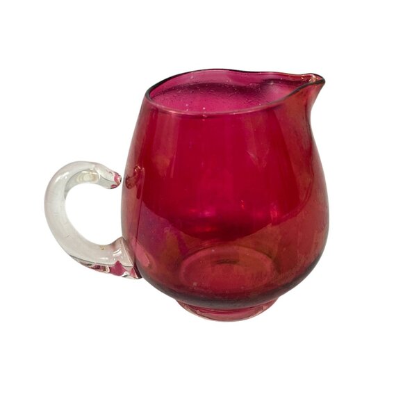 Cranberry Ruby Red Handblown Glass Creamer Pilgrim Glass Clear Handle - Picture 1 of 9